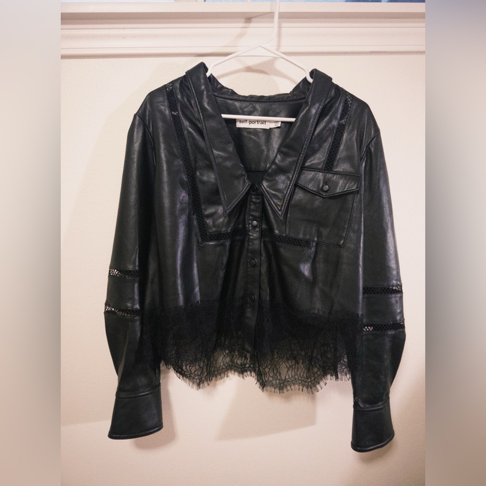 Self-Portrait Black Leather Jacket with Lace Trim